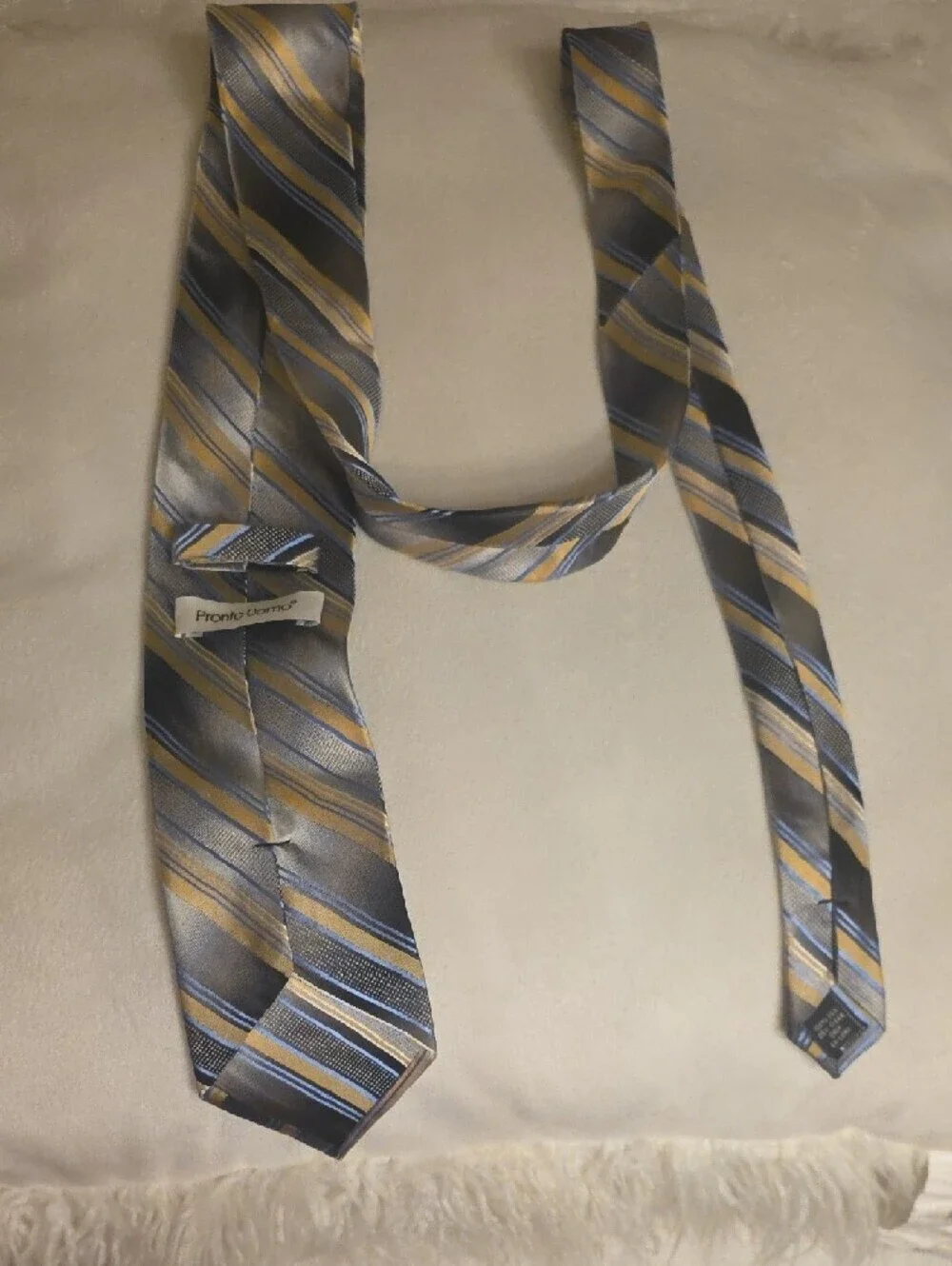 Pronto Uomo Silk Hand Made Gray Tie with Gold and Blue Stripes X Large 65 Inches